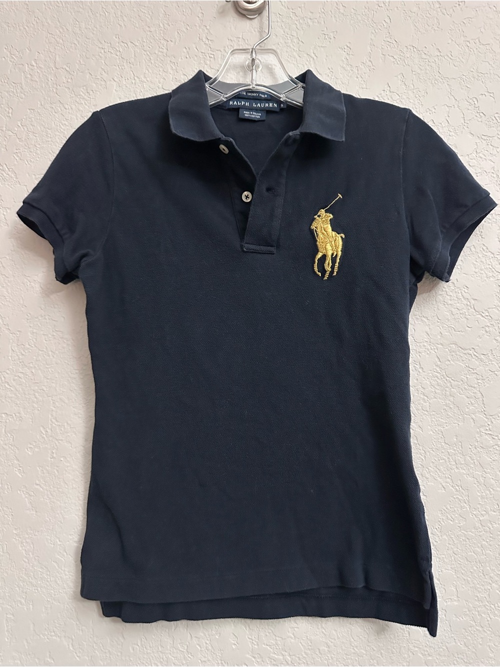 Ralph Lauren Skinny Polo Navy with Big Pony Embroidery Gold Womens Size Small